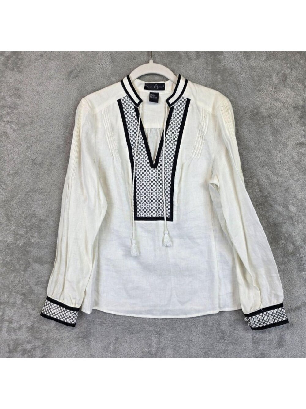 Mercer & Madison Blouse Womens S White 100% Linen Long Sleeve Embroidered Tunic